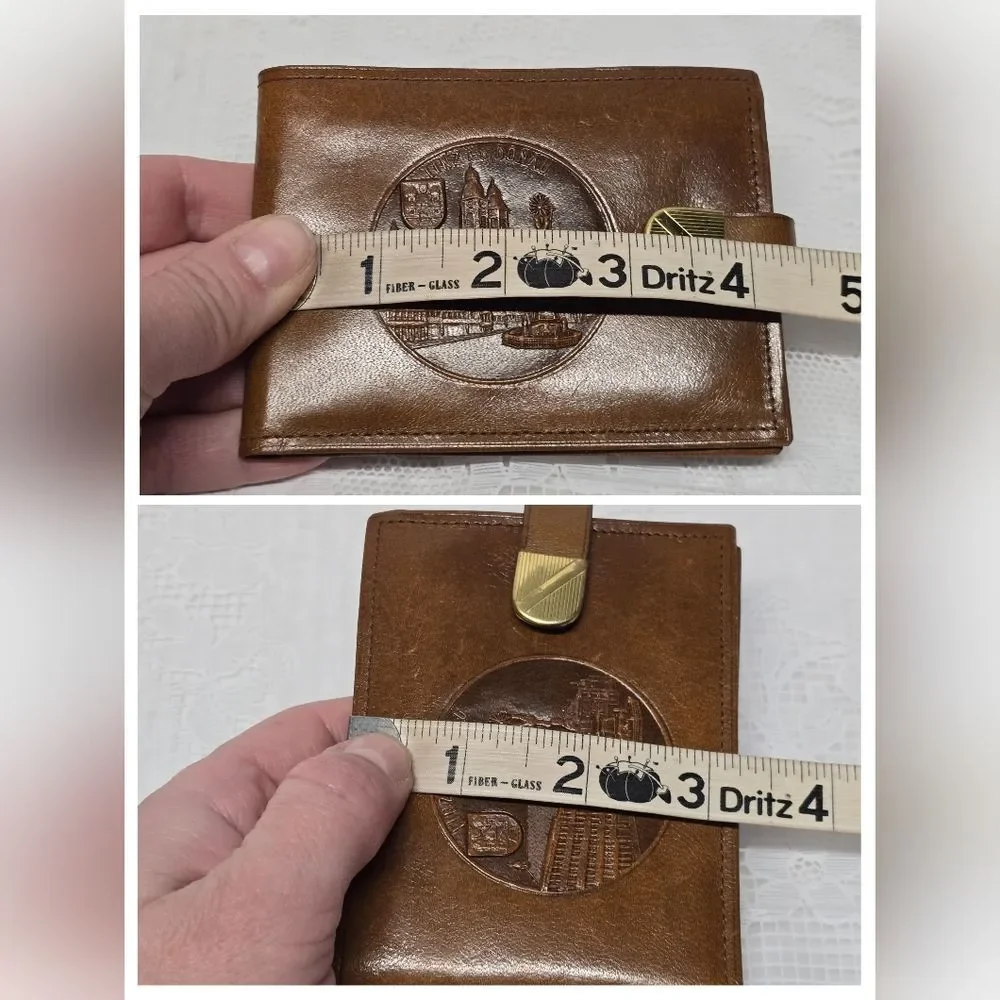 Vintage 50s Austrian Brown Leather Wallet LINZ DONAU Medallion Embossed